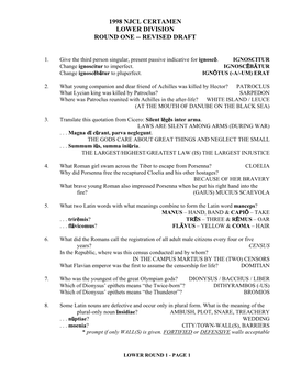 1998 Njcl Certamen Lower Division Round One -- Revised Draft