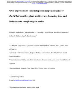 Over-Expression of the Photoperiod Response Regulator Zmcct10