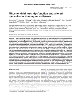 Mitochondrial Loss, Dysfunction and Altered Dynamics in Huntington's Disease