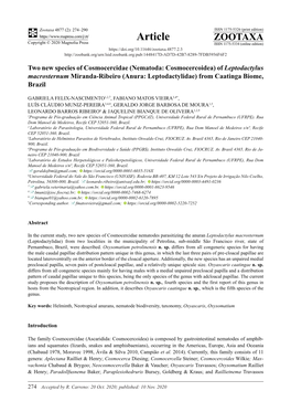 Two New Species of Cosmocercidae (Nematoda: Cosmocercoidea) of Leptodactylus Macrosternum Miranda-Ribeiro (Anura: Leptodactylidae) from Caatinga Biome, Brazil