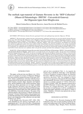 The Mollusk Type-Material of Gaetano Rovereto in the “BTP Collection” (Museo Di Paleontologia - DISTAV - Università Di Genova): the Oligocene Types from Mioglia Area