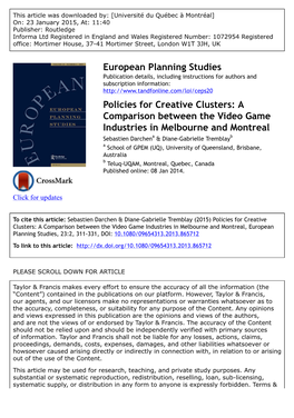 Policies for Creative Clusters: a Comparison Between the Video Game Industries in Melbourne and Montreal