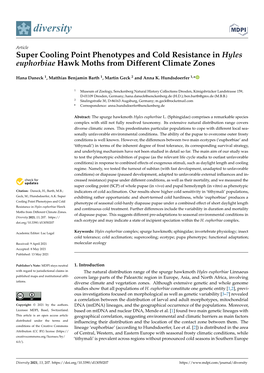 Super Cooling Point Phenotypes and Cold Resistance in Hyles Euphorbiae Hawk Moths from Different Climate Zones