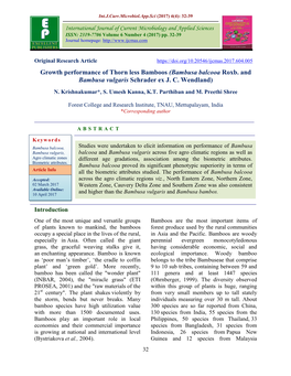 Growth Performance of Thorn Less Bamboos (Bambusa Balcooa Roxb