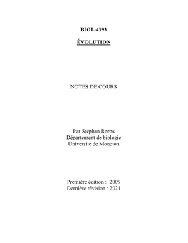 BIOL 4393 ÉVOLUTION NOTES DE COURS Par Stéphan Reebs