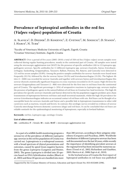 Prevalence of Leptospiral Antibodies in the Red Fox (Vulpes Vulpes) Population of Croatia