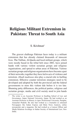 Religious Militant Extremism in Pakistan: Threat to South Asia