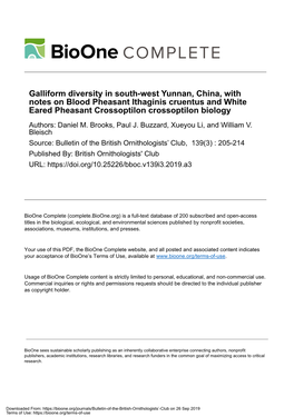 Galliform Diversity in South-West Yunnan, China, with Notes on Blood Pheasant Ithaginis Cruentus and White Eared Pheasant Crosso