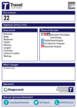 Valid From: 08 March 2021 Bus Service(S) What's Changed Areas Served Doncaster Balby Wadworth Tickhill Oldcotes Langold Costho