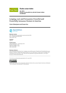 Études Océan Indien, 45 | 2010 Longing, Lust and Persuasion: Powerful and Powerfully Sensuous Women in Imerina 2