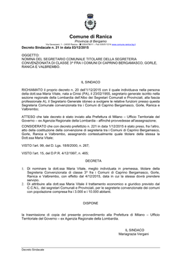 Comune Di Ranica Provincia Di Bergamo Via Gavazzeni, 1 – 24020 Ranica - ( 035/479011 – Fax 035/511214 Decreto Sindacale N