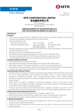 MTR CORPORATION LIMITED 香港鐵路有限公司 (The “Company”) (Incorporated in Hong Kong with Limited Liability) (Stock Code: 66)