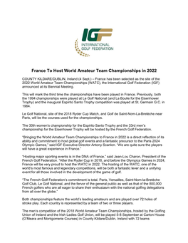 International Golf Federation (IGF) Announced at Its Biennial Meeting