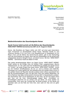 Medieninformation Des Sauerlandparks Hemer Sarah Connor Kehrt