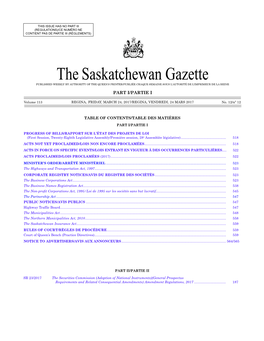 The Saskatchewan Gazette, 24 Mars 2017 517 (Regulations)/Ce Numéro Ne Contient Pas De Partie Iii (Règlements)