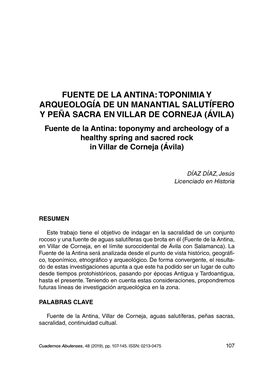 Fuente De La Antina: Toponimia Y Arqueología De Un Manantial