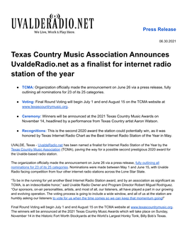 Texas Country Music Association Announces Uvalderadio.Net As a Finalist for Internet Radio Station of the Year