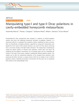 Manipulating Type-I and Type-II Dirac Polaritons in Cavity-Embedded Honeycomb Metasurfaces