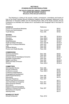 SECTION IX STANDING RULES and RESOLUTIONS the SOUTH CAROLINA ANNUAL CONFERENCE the UNITED METHODIST CHURCH Structure of the Annual Conference