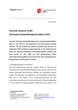 Dominik Susteck Erhält Schneider-Schott-Musikpreis Mainz 2018