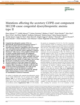 Mutations Affecting the Secretory COPII Coat Component SEC23B Cause Congenital Dyserythropoietic Anemia Type II