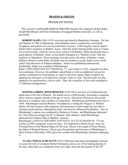 BRAHMS & FRIENDS (Program Notes)