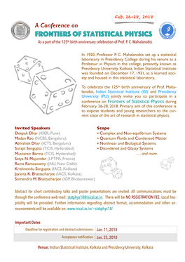 Frontiers of Statistical Physics As a Part of the 125Th Birth Anniversary Celebration of Prof