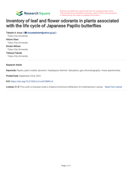 Inventory of Leaf and Ower Odorants in Plants Associated with the Life Cycle