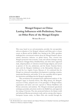 Mongol Impact on China: Lasting Influences with Preliminary Notes on Other Parts of the Mongol Empire