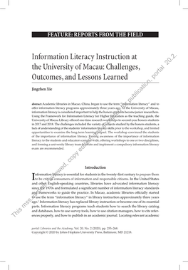 Information Literacy Instruction at the University of Macau: Challenges, 20.2