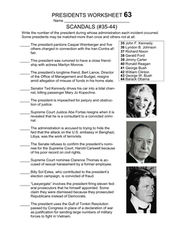 Presidents Worksheet 63 Scandals