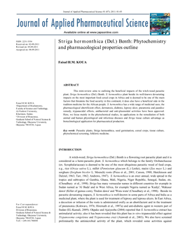 Striga Hermonthica (Del.) Benth: Phytochemistry Received On: 02-09-2011 Revised On: 05-09-2011 Accepted On: 08-09-2011 and Pharmacological Properties Outline