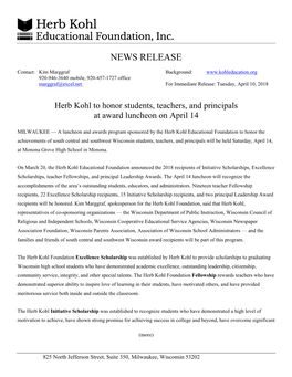 Herb Kohl to Honor Students, Teachers, and Principals at Award Luncheon on April 14