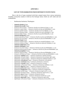 (With Their Original Name) from Various Institutions, Including Synonymies (Names in Bold Are the Holotype Names Which Are Still Valid) and New Combinations