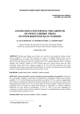 Estimation Concerning the Growth of Sweet Cherry Trees on Four Rootstocks in Nursery