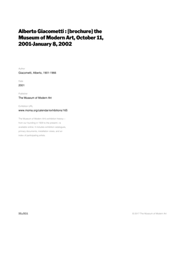 Alberto Giacometti : [Brochure] the Museum of Modern Art, October 11, 2001-January 8, 2002