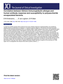 Immunoglobulin Allotype and Human Antibody Response and Susceptibility to Polysaccharide Encapsulated Bacteria