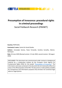 Presumption of Innocence: Procedural Rights in Criminal Proceedings Social Fieldwork Research (FRANET)