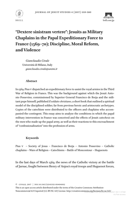 Dextere Sinistram Vertere”: Jesuits As Military Chaplains in the Papal Expeditionary Force to France (1569–70); Discipline, Moral Reform, and Violence