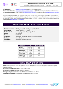 Preview Notes: National Bank Open Montréal, Canada | August 9-15, 2021 | $1,835,490 | Wta 1000