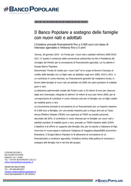 Il Banco Popolare a Sostegno Delle Famiglie Con Nuovi Nati E Adottati