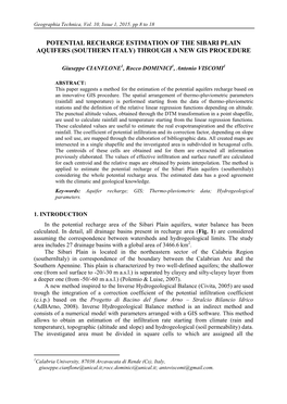 Potential Recharge Estimation of the Sibari Plain Aquifers (Southern Italy) Through a New Gis Procedure