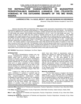 The Reproductive Characteristics of Mudskipper Periophthalmus Barbarus (Linnaeus 1760) (Teleostei, Gobiidae) in the Estuarine Swamps of the Imo River, Nigeria