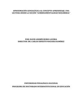 Aproximación Genealógica Al Concepto Aprendizaje. Una Lectura Desde La Noción “Gubernamentalidad Neoliberal” Por: David