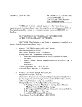 Ordinance No. 002-129 an Ordinance Authorizing Change Orders to Contracts Approved by the Transit Board