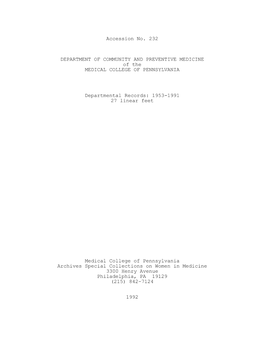 Accession No. 232 DEPARTMENT of COMMUNITY and PREVENTIVE