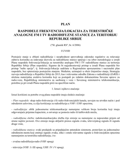 Plan Raspodele Frekvencija/Lokacija Za Terestričke Analogne Fm I Tv Radiodifuzne Stanice Za Teritoriju Republike Srbije