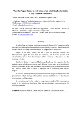 Was the Plague Disease a Motivating Or an Inhibiting Factor in the Early Muslim Community?