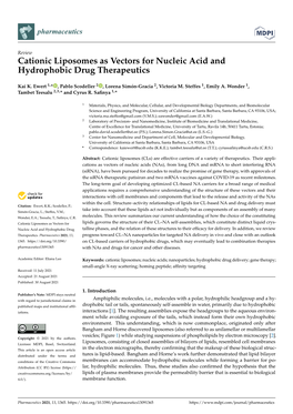 Cationic Liposomes As Vectors for Nucleic Acid and Hydrophobic Drug Therapeutics