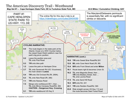 The American Discovery Trail - Westbound Map Set #1 – Cape Henlopen State Park, DE to Tuckahoe State Park, MD 63.0 Miles / Cumulative Climbing: 625’